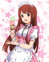 Rule 34 | 1girl, :d, apron, blush, bow, bowtie, breasts, butterfly ornament, dot nose, dress, food, frilled apron, frilled skirt, frills, holding, holding ice cream cone, ice cream, ice cream cone, idolmaster, idolmaster million live!, idolmaster million live! theater days, long hair, looking at viewer, maid headdress, official alternate costume, official art, open mouth, parted bangs, pink bow, pink bowtie, pink dress, pretty waitress (idolmaster), puffy short sleeves, puffy sleeves, red eyes, red hair, shirt, short sleeves, sidelocks, skirt, small breasts, smile, solo, standing, star (symbol), starry background, straight hair, tanaka kotoha, thighhighs, triple scoop, upper body, waist apron, waitress, white apron, white shirt, white thighhighs, wrist cuffs
