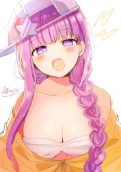 Rule 34 | 1girl, :o, absurdres, bare shoulders, baseball cap, bb (fate), bb (fate) (all), bb (swimsuit mooncancer) (fate), bb (swimsuit mooncancer) (first ascension) (fate), blush, braid, breasts, cleavage, collarbone, commentary, fate/grand order, fate (series), hat, head tilt, highres, jacket, large breasts, lightning bolt symbol, long hair, off shoulder, open mouth, purple eyes, purple hair, revision, sideways hat, simple background, sofra, solo, star (symbol), symbol-only commentary, teeth, upper body, upper teeth only, very long hair, white background, white hat, yellow jacket