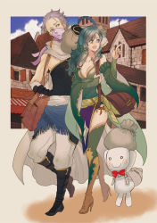 Rule 34 | 1boy, 1girl, aged up, breasts, cape, detached sleeves, earrings, edward geraldine, final fantasy, final fantasy iv, full body, green eyes, green hair, hair ornament, house, jewelry, long hair, masakikazuyoshi, open mouth, rydia (ff4), smile, thighhighs