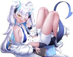 Rule 34 | 1girl, ;o, absurdres, arm support, blue archive, blue necktie, colored inner hair, commentary request, dark-skinned female, dark skin, demon girl, demon horns, demon tail, hair between eyes, halo, highres, horns, kuma piv, long hair, long sleeves, looking at viewer, lying, multicolored hair, necktie, on back, one eye closed, orange eyes, pointy ears, school uniform, sidelocks, simple background, sleepy, solo, sumomo (blue archive), tail, thick eyebrows, two-tone hair, two side up, white background, white hair, yawning