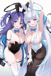 Rule 34 | 2girls, animal ears, armpits, ayamy, black leotard, black pantyhose, blue archive, blue bow, blush, bow, breasts, cleavage, commentary, detached collar, fake animal ears, grey hair, hair between eyes, halo, highres, large breasts, leotard, long hair, looking at viewer, mechanical halo, medium breasts, multiple girls, noa (blue archive), open mouth, pantyhose, playboy bunny, purple eyes, purple hair, rabbit ears, simple background, smile, strapless, strapless leotard, thighhighs, two side up, white background, white leotard, white thighhighs, wrist cuffs, yuuka (blue archive)