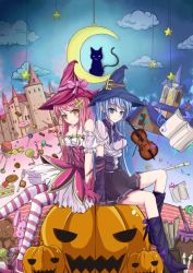 Rule 34 | 2girls, back-to-back, black cat, blush, book, bow, candy, candy cane, cat, cloud, crescent, doughnut, flute, food, hat, hat bow, instrument, jack-o&#039;-lantern, jianren, lollipop, looking at viewer, multiple girls, on crescent, original, recorder, siblings, sisters, sitting, smile, twins, violin, witch, witch hat