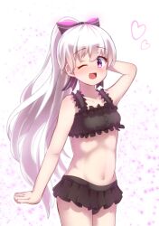 Rule 34 | 1girl, ;d, absurdres, arm behind head, arm up, bare arms, bare shoulders, bikini, black bikini, black bow, blush, bow, collarbone, commentary request, fate/extra, fate (series), frilled bikini, frills, groin, hair between eyes, hair bow, heart, highres, looking at viewer, navel, nursery rhyme (fate), one eye closed, open mouth, ponytail, purple eyes, smile, solo, standing, striped bow, swimsuit, white background, white hair, yuya090602