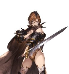 Rule 34 | 10s, 1girl, black knight (granblue fantasy), armor, blue eyes, brown hair, cape, gauntlets, granblue fantasy, holding, holding weapon, leotard, minaba hideo, open mouth, short hair, solo, sword, thighhighs, torn clothes, transparent background, weapon