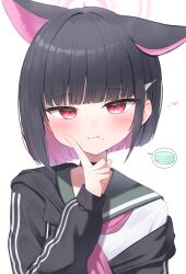 Rule 34 | 1girl, animal ears, black hair, blue archive, blush, cat ears, closed mouth, colored inner hair, food, green sailor collar, hair ornament, hairclip, halo, heart, highres, jacket, kazusa (blue archive), long sleeves, looking at viewer, macaron, multicolored hair, necktie, pink halo, pink necktie, red eyes, sailor collar, school uniform, serafuku, short hair, simple background, solo, spoken food, takeroku, upper body, white background, white jacket
