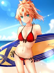 Rule 34 | 1girl, bad id, bad pixiv id, beach, bikini, blonde hair, blue sky, breasts, closed mouth, cloud, cloudy sky, collarbone, contrapposto, cowboy shot, day, fate/grand order, fate (series), front-tie bikini top, front-tie top, green eyes, halterneck, highres, holding, holding behind back, lens flare, long hair, looking at viewer, medium breasts, mordred (fate), mordred (fate) (all), mordred (fate/apocrypha), mordred (swimsuit rider) (fate), mordred (swimsuit rider) (first ascension) (fate), navel, outdoors, parted bangs, ponytail, red bikini, side-tie bikini bottom, sidelocks, sky, smile, solo, sparkle, standing, string bikini, sukemyon, surfboard, swimsuit