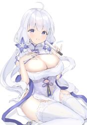 Rule 34 | 1girl, ahoge, azur lane, blue eyes, breasts, china dress, chinese clothes, cutout above navel, dress, folded fan, folding fan, garter straps, hand fan, highres, holding, holding fan, huge breasts, illustrious (azur lane), illustrious (maiden lily&#039;s radiance) (azur lane), kisahipi, long hair, looking at viewer, official alternate costume, pelvic curtain, simple background, sitting, thighhighs, tri tails, very long hair, wariza, white background, white garter straps, white hair, white thighhighs