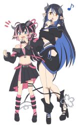Rule 34 | :d, ahoge, bandeau, belt, belt collar, black bandeau, black belt, black footwear, black hair, black jacket, black skirt, bloomers, blue belt, blue eyes, blue hair, bra, breasts, brown eyes, chest belt, cleavage, clenched hand, collar, commentary request, cropped jacket, curled horns, demon girl, demon horns, demon tail, earrings, fangs, flat chest, full body, grey horns, hair between eyes, hair ribbon, hantoshirom, hebiyoi tier, hebiyoi tier (1st costume), high heels, highres, holding, holding microphone, horns, jacket, jewelry, large breasts, long hair, long sleeves, looking at viewer, microphone, midriff, multicolored hair, music, musical note, nanashi inc., navel, notice lines, off shoulder, oinomori may, oinomori may (1st costume), one side up, open clothes, open jacket, open mouth, pink bloomers, pink bra, pink hair, pink ribbon, pink socks, pleated skirt, pointy ears, ribbon, shoes, sidelocks, simple background, singing, single earring, skirt, smile, socks, standing, tail, two-tone hair, underwear, v-shaped eyebrows, virtual youtuber, white background
