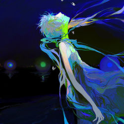 Rule 34 | 1girl, athgil, bare shoulders, bug, butterfly, closed mouth, dark background, dress, green eyes, hair ornament, hair tie, hatsune miku, highres, insect, light, long hair, looking up, night, night sky, sky, solo, standing, twintails, vocaloid, water
