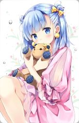 Rule 34 | 1girl, blue eyes, blue hair, blush, bow, character request, crossed arms, earrings, eyebrows, floral background, frilled sleeves, frills, hair bow, jewelry, looking at viewer, matching hair/eyes, natsume eri, hugging object, short hair, sitting, solo, stuffed animal, stuffed toy, teddy bear