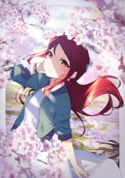 Rule 34 | 1girl, ahoge, aqua jacket, blush, brown eyes, cherry blossoms, commentary request, dress, earrings, grey dress, hair ribbon, half updo, hand on own cheek, hand on own face, highres, jacket, jewelry, long hair, looking at viewer, love live!, love live! school idol festival, love live! sunshine!!, outdoors, red hair, ribbon, sakurauchi riko, smile, solo, sparkle, spring (season), watch, white ribbon, wristwatch, yamaori (yamaorimon)