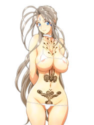 Rule 34 | 1girl, aa megami-sama, areola slip, arms behind back, belldandy, bikini, blue eyes, breasts, brown hair, collar, facial mark, female focus, forehead mark, gluteal fold, highres, jewelry, joy division, large breasts, lipstick, makeup, sagging breasts, simple background, smile, solo, standing, swimsuit, tattoo, thigh gap, white background