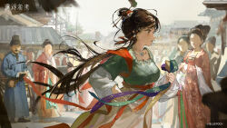 Rule 34 | 1girl, architecture, black eyes, black hair, blurry, blurry background, breasts, chinese clothes, copyright name, copyright notice, crowd, day, east asian architecture, floating hair, from side, green shirt, hair bun, hair ornament, hanfu, highres, holding, holding ribbon, jewelry, jiu niangzi, layered sleeves, logo, long hair, long sleeves, looking ahead, medium breasts, necklace, official art, official wallpaper, outdoors, parted lips, people, profile, red shawl, reverse:1999, ribbon, road, shawl, shirt, short over long sleeves, short sleeves, single side bun, skirt, skirt hold, sky, solo focus, street, tassel, tassel hair ornament, upper body, white sky, white sleeves, yellow skirt