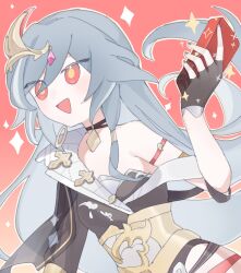 Rule 34 | 1girl, :d, bare shoulders, black dress, black gloves, box, commentary request, dress, fingerless gloves, fu hua, gloves, gradient background, grey hair, grey nails, hair between eyes, hand up, highres, holding, holding box, honkai (series), honkai impact 3rd, long hair, manfu w, multicolored hair, nail polish, open mouth, red background, red eyes, see-through, single sleeve, smile, solo, sparkle, streaked hair, upper body, very long hair