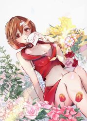 Rule 34 | 1girl, bare arms, breasts, brown eyes, brown hair, character name, choker, cleavage, collarbone, commentary, covering own mouth, crop top, dutch angle, feet out of frame, flower, holding, holding paper, medium breasts, meiko (vocaloid), meiko (vocaloid3), midriff, miniskirt, navel, nekota yama, paper, pink flower, plant, red flower, red shirt, red skirt, shirt, short hair, sitting, skirt, smile, solo, stomach, twitter username, vocaloid, yellow flower