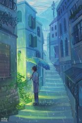 Rule 34 | 1boy, artist name, black hair, building, commentary, english commentary, foliage, from side, holding, holding umbrella, mini-moss, open hand, original, outdoors, plant, power lines, rain, scenery, short hair, solo, stairs, umbrella, utility pole, vines, water drop