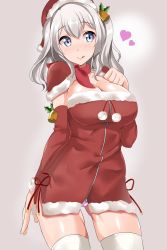 Rule 34 | 10s, 1girl, :q, bad id, bad pixiv id, bell, blue eyes, blush, breasts, christmas, cleavage, dress, female focus, hair bell, hair ornament, hat, heart, highres, kantai collection, kashima (kancolle), large breasts, santa costume, santa hat, short dress, short hair, silver hair, simple background, solo, thighhighs, tongue, tongue out, twintails, uni mmtab, white thighhighs, zettai ryouiki