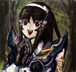Rule 34 | 1girl, :d, android, black hair, faux traditional media, forest, gotoask, lisa (phantasy star online), lisa (pso2), mecha musume, nature, open mouth, own hands together, phantasy star, phantasy star online 2, portrait, red eyes, smile, solo