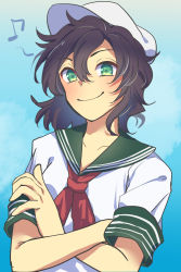 Rule 34 | 1girl, black hair, blue background, blush, breasts, closed mouth, commentary request, crossed arms, green eyes, hat, highres, looking at viewer, murasa minamitsu, musical note, nayozane (worker7), neckerchief, red neckerchief, sailor collar, sailor hat, sailor shirt, shirt, short hair, small breasts, smile, solo, touhou, white hat, white shirt
