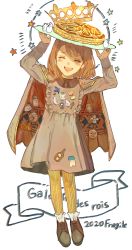 1girl :d ^_^ absurdres animal arms_up bad_id bad_pixiv_id blush brown_cape brown_dress brown_footwear brown_hair brown_shirt buchi_(qooo003) cape chinese_zodiac closed_eyes collared_shirt commentary_request crown dress facing_viewer food full_body highres long_sleeves mouse_(animal) new_year open_mouth original pantyhose ribbed_legwear shirt shoes short_hair sleeves_past_wrists smile solo standing star_(symbol) white_background year_of_the_rat yellow_pantyhose