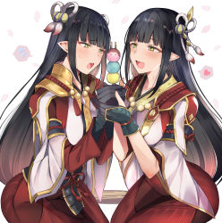 Rule 34 | 2girls, black hair, blunt bangs, breasts, dango, food, hair ornament, highres, hinoa, japanese clothes, jewelry, kimono, large breasts, long hair, long sleeves, minoto, monster hunter (series), monster hunter rise, multiple girls, necklace, obi, open mouth, pointy ears, sash, siblings, sidelocks, sisters, tetsubuta, twins, wagashi, white kimono, wide sleeves, yellow eyes