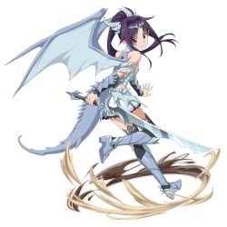 Rule 34 | 1girl, ahoge, armored boots, black sleeves, black thighhighs, boots, breasts, closed mouth, cosplay request, detached sleeves, dragon tail, dragon wings, floating hair, from side, full body, grey footwear, grey wings, hair intakes, hair ornament, high ponytail, highres, holding, holding sword, holding weapon, long hair, looking at viewer, looking back, miniskirt, official art, outstretched hand, pleated skirt, purple hair, red eyes, skirt, small breasts, smile, solo, sword, sword art online, sword art online: memory defrag, tail, thighhighs, transparent background, very long hair, weapon, white skirt, wings, yuuki (sao), zettai ryouiki