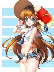 Rule 34 | 1girl, :d, ahoge, anchor, artist name, bad id, bad twitter id, bare arms, bare shoulders, bead bracelet, beads, blue eyes, blue neckerchief, blue ribbon, blue skirt, bracelet, breasts, brown hair, collarbone, cowboy shot, crop top, damda, fingernails, flower, hair between eyes, hand up, hat, hat flower, hat ribbon, hibiscus, jewelry, legs together, long fingernails, long hair, looking at viewer, microskirt, midriff, navel, neckerchief, open mouth, original, red flower, ribbon, rope, sailor collar, sailor shirt, shirt, skirt, sleeveless, sleeveless shirt, small breasts, smile, solo, standing, stomach, sun hat, very long hair, white shirt