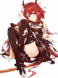 Rule 34 | 1girl, absurdres, arknights, arm up, armband, bare shoulders, black dress, black thighhighs, breasts, cleavage, commentary, detached collar, dress, head tilt, highres, horns, knees up, long hair, long sleeves, looking at viewer, off shoulder, purple eyes, red hair, river (river ga), short dress, simple background, sitting, solo, surtr (arknights), thighhighs, thighs, torn clothes, torn thighhighs, very long hair, white background