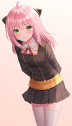 Rule 34 | 1girl, aged up, ahoge, anya (spy x family), arms behind back, black shirt, black skirt, blouse, blush, breasts, collared shirt, eden academy school uniform, gold trim, green eyes, highres, horn ornament, horns, leaning forward, long hair, long sleeves, looking at viewer, miniskirt, neck ribbon, pink hair, pleated skirt, red ribbon, ribbon, school uniform, seungju lee, shirt, skirt, small breasts, solo, spy x family, thighhighs, thighs, white thighhighs, zettai ryouiki
