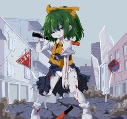 Rule 34 | 1girl, ascot, blood, blood on arm, blood on face, blood on leg, blue eyes, boots, bow, building, colored skin, cookie (touhou), daiyousei, diyusi (cookie), full body, green hair, hair bow, high-visibility vest, holding, looking at viewer, medium hair, no entry sign, one eye closed, panties, parted lips, pixel art, ponytail, redrawn, road sign, ruins, shirt, short sleeves, sign, skirt, solo, sparseseethe, stop sign, torn clothes, torn shirt, torn skirt, torn vest, touhou, traffic baton, underwear, unusually open eyes, white footwear, white panties, white shirt, white skin, yellow ascot, yellow bow