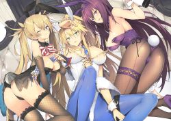 Rule 34 | animal ears, artoria pendragon (all), artoria pendragon (fate), artoria pendragon (swimsuit ruler) (fate), artoria pendragon (swimsuit ruler) (fate) (cosplay), ass, bare shoulders, blonde hair, blue eyes, blue neckwear, bow, bowtie, bradamante (fate), bradamante (welcome bunny) (fate), braid, breasts, card, cleavage, cosplay, couch, crown braid, detached collar, fake animal ears, fate/grand order, fate (series), feather boa, fishnet legwear, fishnets, french braid, green eyes, hair between eyes, highleg, highleg leotard, highres, indoors, large breasts, leotard, long hair, official alternate costume, pantyhose, playboy bunny, purple hair, rabbit ears, rabbit tail, red eyes, scathach (fate), scathach (piercing bunny) (fate), strapless, strapless leotard, tail, thigh strap, thighhighs, tiara, twintails, very long hair, wrist cuffs, yuguru