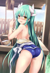 Rule 34 | 1girl, ass, back, blue one-piece swimsuit, blush, breasts, breasts out, bucket, dragon girl, dragon horns, fate/grand order, fate (series), green hair, horns, kiyohime (fate), kiyohime (fate/grand order), kiyohime (swimsuit lancer) (fate), kiyohime (swimsuit lancer) (second ascension) (fate), long hair, looking at viewer, looking back, medium breasts, multiple horns, off shoulder, one-piece swimsuit, open mouth, rope, sen (astronomy), smile, solo, swimsuit, thighs, well, wooden bucket, yellow eyes