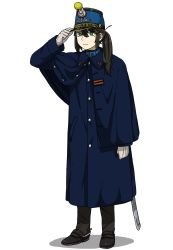 Rule 34 | 1girl, absurdres, anyan (jooho), black footwear, black hair, blue capelet, blue coat, boots, capelet, coat, full body, gloves, green eyes, hat, highres, long hair, long sleeves, looking at viewer, military, military uniform, mole, mole under eye, original, ponytail, sheath, sheathed, sidelocks, simple background, solo, spurs, standing, sword, trench coat, uniform, weapon, white background, white gloves, world war i