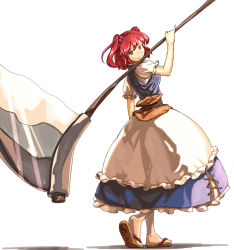 Rule 34 | 1girl, bad id, bad pixiv id, carrying, female focus, hair bobbles, hair ornament, huge weapon, looking back, onozuka komachi, red eyes, red hair, scythe, shibasaki shouji, short hair, simple background, smile, solo, touhou, twintails, two side up, weapon