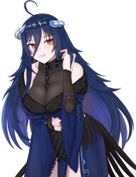 Rule 34 | 1girl, absurdres, ahoge, black collar, blue hair, blue horns, breasts, broken horn, chain, clothing cutout, collar, covered collarbone, demon girl, demon horns, fur trim, grey horns, hair between eyes, hand in own hair, highres, horns, kuon bb, large breasts, long hair, multicolored horns, navel, navel cutout, oumiya emma, prism project, red eyes, shoulder cutout, slit pupils, solo, two-tone horns, virtual youtuber