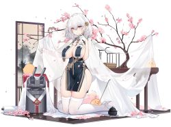 Rule 34 | 1girl, azur lane, between breasts, braid, breast curtains, breasts, cherry blossoms, cleavage, french braid, garter straps, gloves, hair between eyes, hair ornament, half gloves, high heels, highres, kincora, kneeling, large breasts, manjuu (azur lane), official alternate costume, official art, open mouth, pelvic curtain, red eyes, short hair, side slit, sirius (azur lane), sirius (azure horizons) (azur lane), skindentation, solo, thighhighs, transparent background, veil, white gloves, white thighhighs