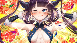 Rule 34 | 1girl, armpits, bare shoulders, black dress, blue eyes, blunt bangs, blush, breasts, center opening, china dress, chinese clothes, closed mouth, cluseller, confetti, detached sleeves, double v, dress, emotional engine - full drive, fate/grand order, fate (series), floral print, hair ornament, hands up, highres, licking lips, long hair, looking at viewer, medium breasts, one eye closed, orange background, parody, purple hair, sidelocks, smile, solo, sparkle, striped, striped background, tongue, tongue out, twintails, v, very long hair, yang guifei (fate), yang guifei (second ascension) (fate), yellow background