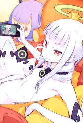 Rule 34 | 1girl, absurdres, albino, armpits, bare shoulders, blunt bangs, boots, crown, dress, elbow gloves, flat chest, gloves, halo, handheld game console, hat, highres, kuroboshi kouhaku, long hair, looking at viewer, meta, official art, palette (character), playing games, red eyes, scan, sitting, skirt, smile, solo, thigh boots, thighhighs, twintails, white dress, white gloves, white hair, white thighhighs, yumeiro happy end