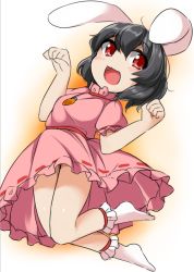 Rule 34 | 1girl, :3, :d, animal ears, black hair, carrot necklace, dress, full body, fun bo, inaba tewi, jumping, legs, necklace, open mouth, paw pose, rabbit ears, red eyes, short hair, smile, socks, solo, touhou