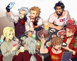 Rule 34 | 6+boys, :d, beard, black gloves, black hair, black vest, blonde hair, blouse, brown hair, chopsticks, closed eyes, cup, drinking glass, drinking straw, eating, edward teach (fate), facial hair, fate/grand order, fate (series), food, gloves, goatee, gradient hair, grey hair, hector (fate), indoors, james moriarty (archer) (fate), li shuwen (fate), li shuwen (young) (fate), li shuwen (young) (third ascension) (fate), male focus, meat, messy hair, multicolored hair, multiple boys, mustache, official alternate costume, old, old man, open mouth, orange neckwear, plate, red shirt, selfie, shirt, smile, t-shirt, table, taking picture, tia (cocorosso), tongs, v, vest, vlad iii (fate/apocrypha), vlad iii (fate/extra), white shirt, william shakespeare (fate)