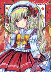 Rule 34 | 1girl, adapted costume, blonde hair, blush, border, bow, bowtie, brooch, buttons, cowboy shot, crystal, flandre scarlet, flower, frilled hat, frilled shirt, frilled shirt collar, frilled skirt, frilled sleeves, frilled vest, frills, green brooch, hair between eyes, hair bow, hair flower, hair ornament, hand up, hat, hat ribbon, jewelry, long hair, long sleeves, looking at viewer, marker (medium), mob cap, outside border, red border, red bow, red eyes, red flower, red ribbon, red rose, red skirt, red vest, ribbon, rose, rui (sugar3), sample watermark, shirt, side ponytail, skirt, solo, standing, star (symbol), touhou, traditional media, vest, watermark, white background, white hat, white shirt, wings, yellow bow, yellow bowtie, yellow flower, yellow rose