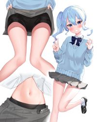 Rule 34 | 1girl, bike shorts, black footwear, black shorts, blue bow, blue bowtie, blue eyes, blue hair, blue sweater, bow, bowtie, clothes lift, commentary request, grey skirt, hair between eyes, highres, hololive, hoshimachi suisei, k mugura, lifting own clothes, loafers, long hair, looking at viewer, midriff, multiple views, navel, shirt, shirt lift, shoes, shorts, side ponytail, simple background, skirt, skirt lift, socks, standing, standing on one leg, star (symbol), star in eye, striped bow, striped bowtie, striped clothes, sweater, symbol in eye, v, virtual youtuber, white background, white legwear, white shirt