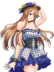 Rule 34 | 1girl, adjusting clothes, adjusting headwear, ahoge, arm at side, arm up, armband, bad id, bad pixiv id, bare arms, bare legs, black hat, blue dress, blue eyes, blush, breasts, brown hair, closed mouth, corset, dress, female focus, frilled dress, frills, hat, head tilt, heart, heart corset, highres, idolmaster, idolmaster million live!, idolmaster million live! theater days, large breasts, legs, long hair, looking at viewer, shadow, smile, solo, standing, strapless, strapless dress, tokoro megumi, tono munekage, unmoving pattern, white background, wristband