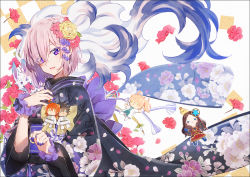 Rule 34 | 1girl, black kimono, blush, character doll, commentary, creature, creature on shoulder, eyes visible through hair, fate/grand order, fate (series), fingernails, floral print, flower, fou (fate), fujimaru ritsuka (female), fujimaru ritsuka (male), hair flower, hair ornament, hair over one eye, hakusai (tiahszld), japanese clothes, kimono, leonardo da vinci (fate), long sleeves, mash kyrielight, nail polish, obi, on shoulder, parted lips, pink flower, pink hair, print kimono, purple eyes, purple flower, purple nails, red flower, red rose, romani archaman, rose, sash, smile, symbol-only commentary, wide sleeves, yellow flower, yellow rose