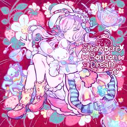 Rule 34 | 1girl, album cover, animal ears, candy, collared dress, commentary request, cover, cup, dress, facing viewer, flower, food, fruit, full body, hairband, highres, holding, holding stuffed toy, horse, indie utaite, jar, kiato, knees up, konpeitou, lolita hairband, long hair, long sleeves, mary janes, open mouth, pink background, purple hair, rabbit ears, shoes, sitting, socks, solo, spoon, strawberry, striped clothes, striped dress, stuffed animal, stuffed rabbit, stuffed toy, teacup, teapot, ugu (utaite), utaite, vertical-striped clothes, vertical-striped dress, white flower, yellow socks
