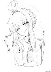 1girl ahoge artist_name blue_archive blunt_bangs braid buttons collared_jacket crown_braid double-breasted greyscale hair_intakes halo head_tilt heart highres horizontal_pupils jacket kaya_(blue_archive) long_sleeves looking_at_viewer monochrome necktie one_eye_closed sazamiso_rx short_hair_with_long_locks simple_background sketch solo tongue tongue_out upper_body white_background