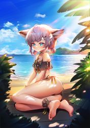 Rule 34 | 1girl, absurdres, ahoge, animal ears, arknights, ass, beach, bikini, black bikini, blue eyes, blue sky, blush, bow, bow bikini, brown hair, cloud, cloudy sky, fox ears, hair ornament, hairclip, highres, looking at viewer, manic shd, material growth, mountainous horizon, no tail, official alternate costume, oripathy lesion (arknights), outdoors, palm leaf, sand, short hair, short twintails, sky, smile, solo, sunlight, sussurro (arknights), sussurro (summer flower) (arknights), swimsuit, twintails, water
