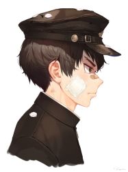 Rule 34 | 1boy, bandage on face, bandages, bandaid, bandaid on face, bandaid on nose, black shirt, brown hair, brown hat, buckle, closed mouth, cropped torso, family crest, green eyes, hat, highres, looking away, male focus, mole, mole under eye, original, peaked cap, petals, profile, ryota (ry o ta), shirt, signature, simple background, solo, tape, torn clothes, torn hat, v-shaped eyebrows, v-shaped eyes, white background, white shirt, zipper pull tab