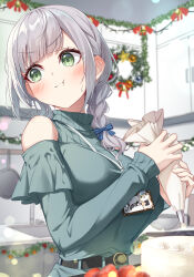 Rule 34 | 1girl, absurdres, alternate costume, belt, black belt, blurry, blurry background, blush, bokeh, braid, breasts, cake, christmas, christmas wreath, closed mouth, commentary, depth of field, food, furrowed brow, green eyes, green shirt, grey hair, hair over shoulder, highres, holding, hololive, indoors, kitchen, lanyard, large breasts, long sleeves, medium hair, pastry bag, pout, shirogane noel, shirt, side braid, single braid, solo, tang-du, turtleneck, upper body, v-shaped eyebrows, virtual youtuber, wreath