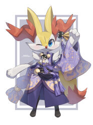 Rule 34 | artist name, braixen, clothed pokemon, creatures (company), game freak, gen 6 pokemon, highres, japanese clothes, looking at viewer, makoto ikemu, nintendo, no humans, one eye closed, pokemon, pokemon (creature), signature, simple background, solo, watermark